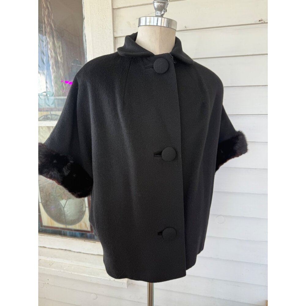 VIntage 50's Crestmoor Black Wool Short Car Coat Fur Short Sleeves M/L